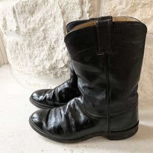 Justin Boots Black Leather Roper Style #3702 Cowboy Boots Men 8 D Made in USA‎